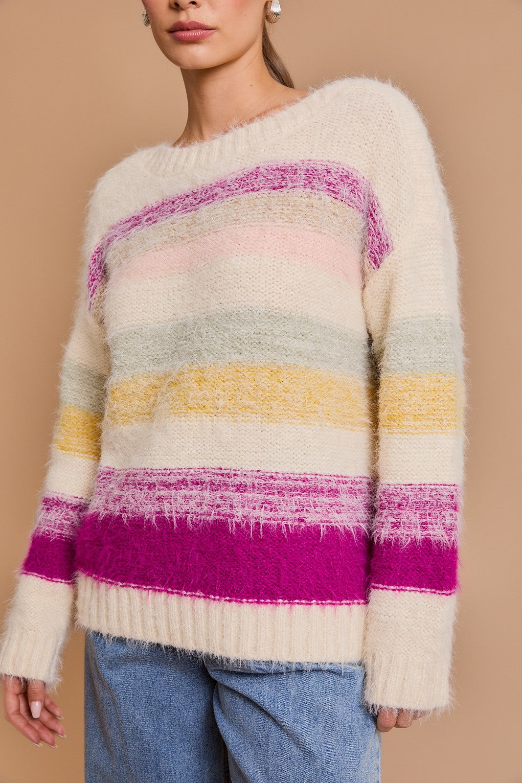 Long Sleeve Multi Stripe Sweater-Cream Multi