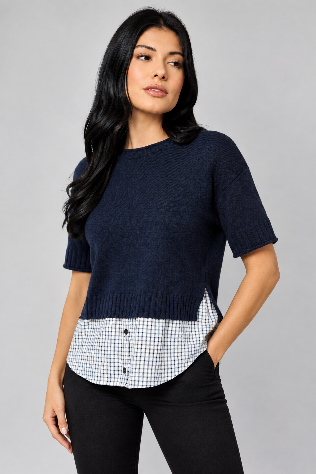 Nelson Layered Shirt Hem Rolled Detail Sweater Mix-Indigo Knit