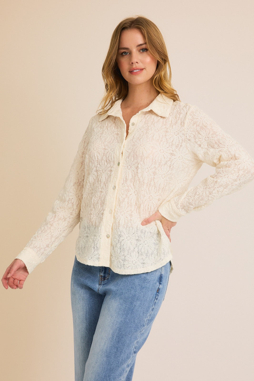 Floral Lace Long Sleeve Shirt-Cream