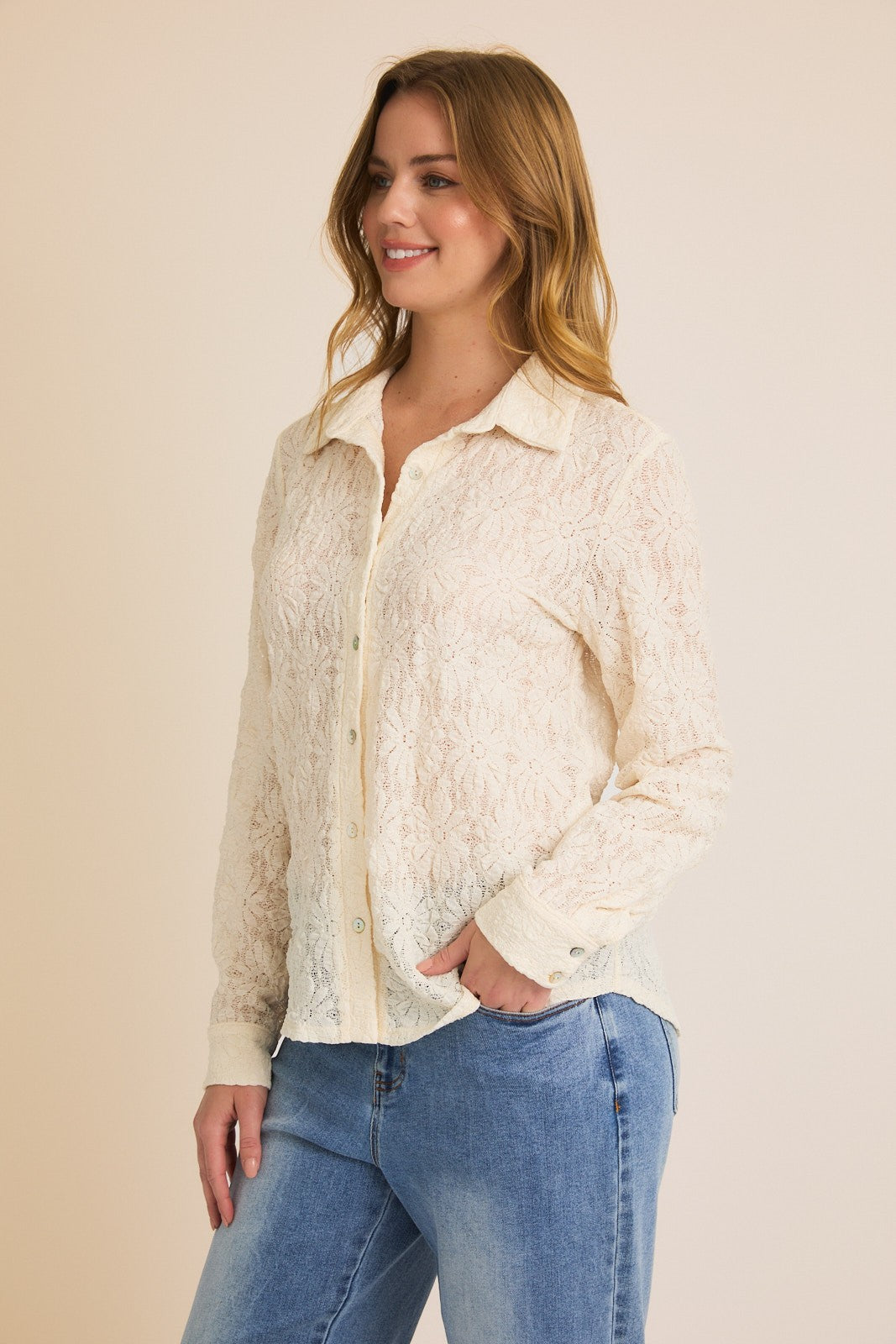 Floral Lace Long Sleeve Shirt-Cream