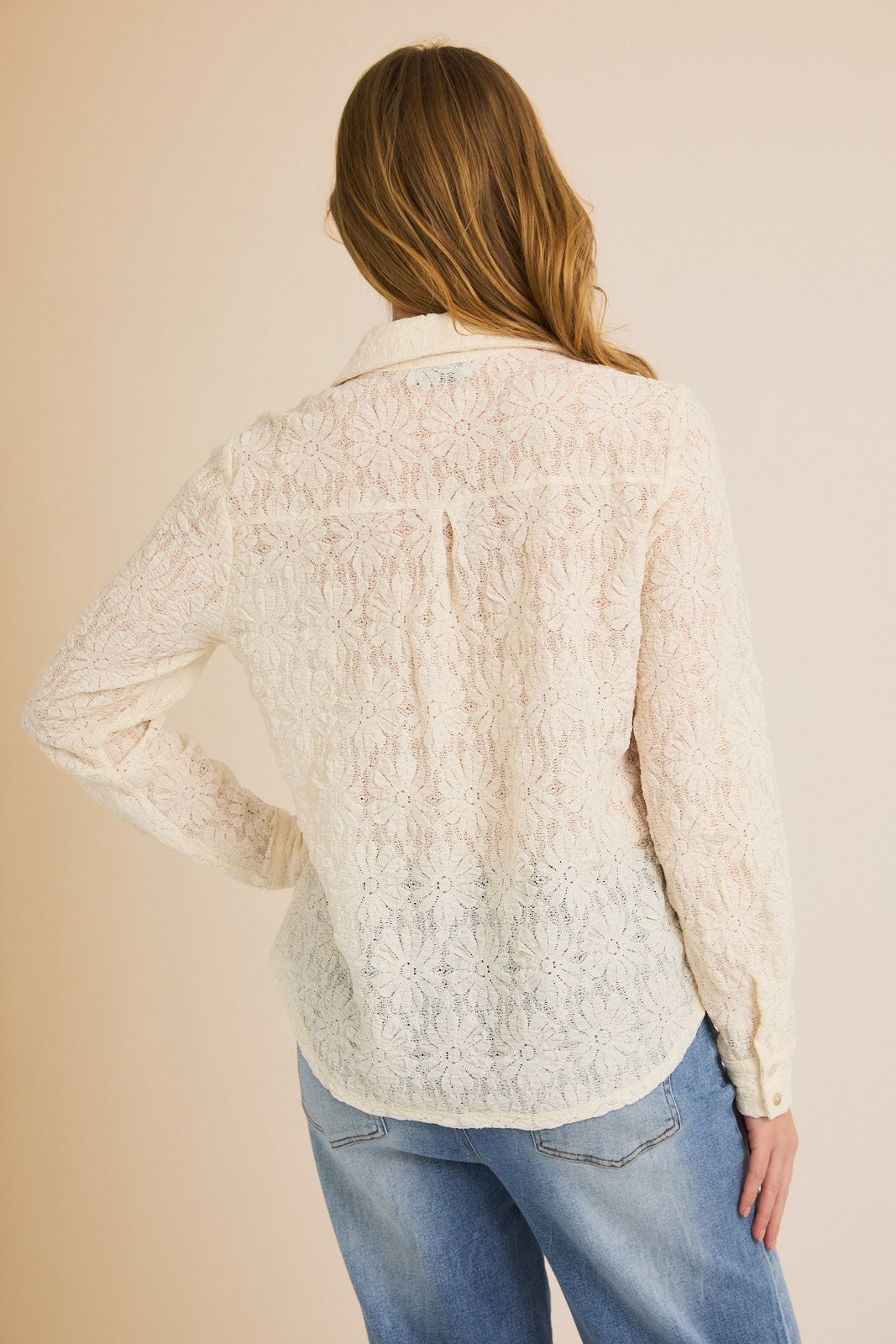 Floral Lace Long Sleeve Shirt-Cream