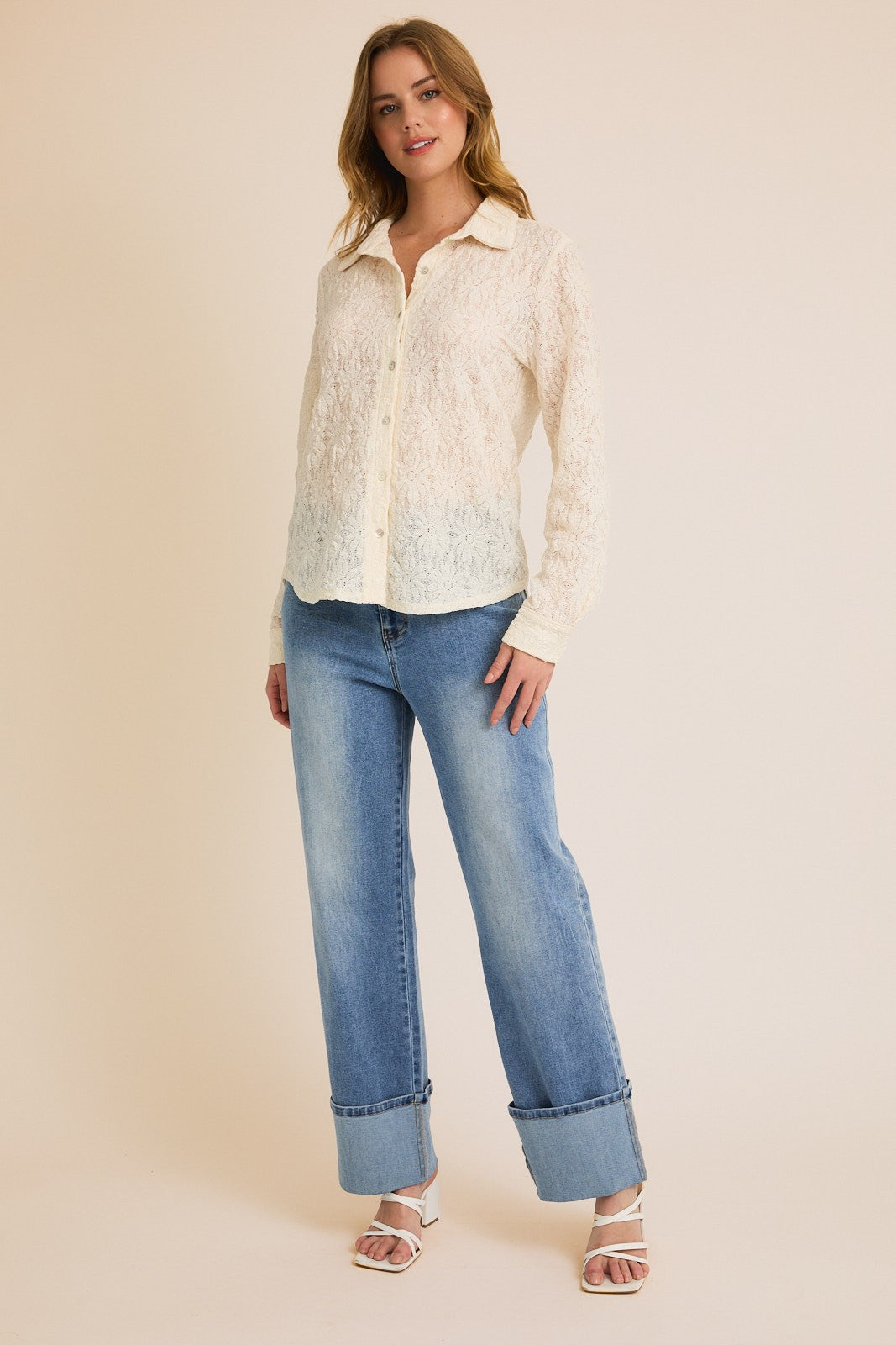 Floral Lace Long Sleeve Shirt-Cream