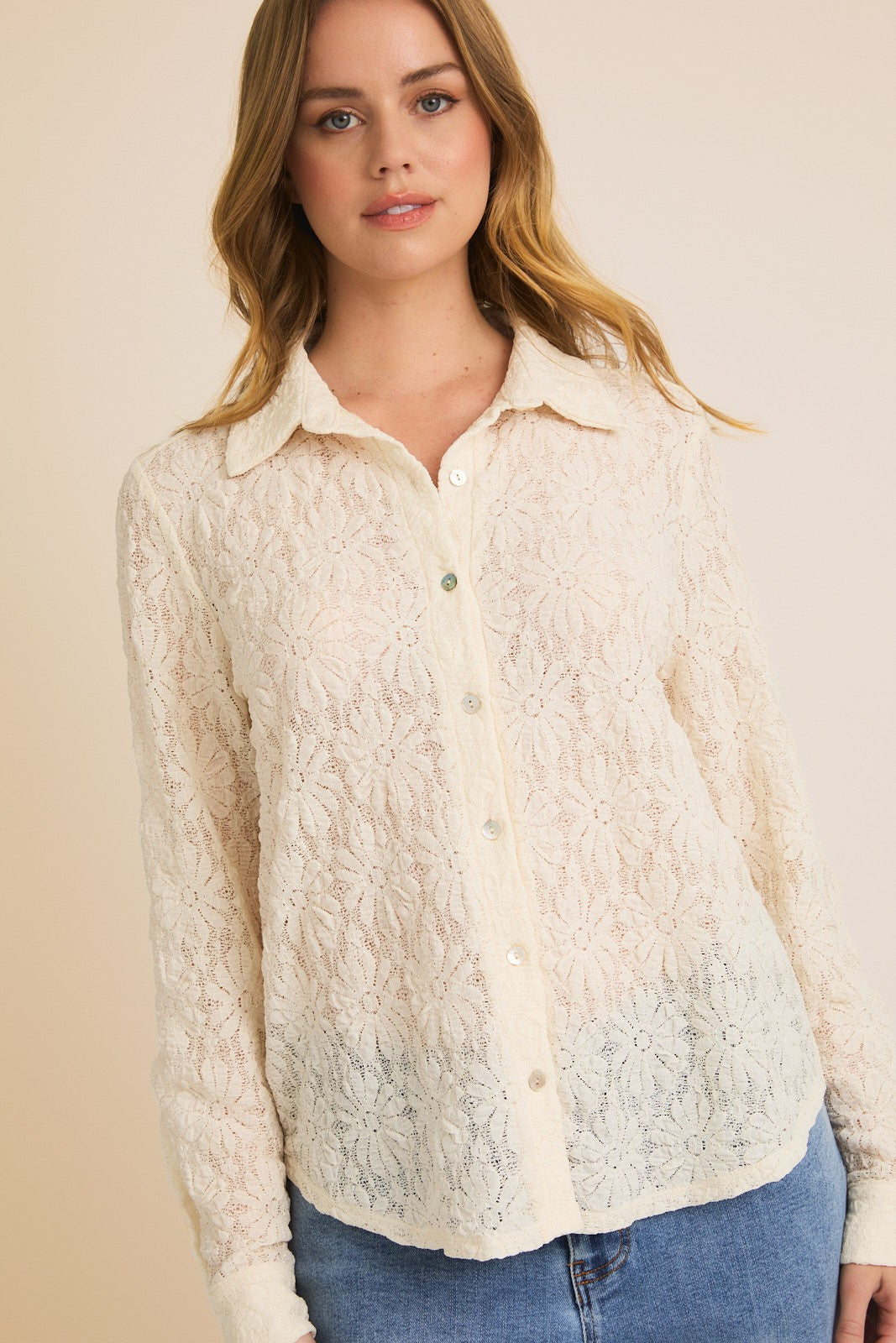 Floral Lace Long Sleeve Shirt-Cream