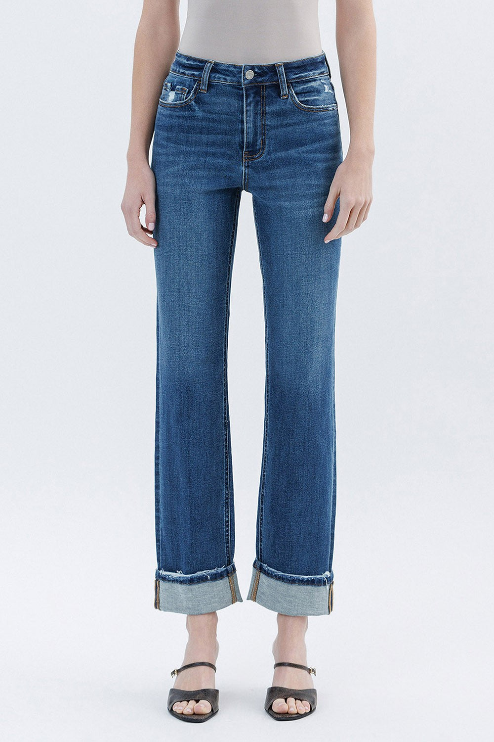 HIgh Rise Cuffed Straight Denim-Medium