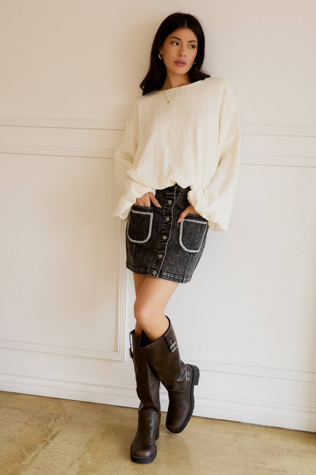 Stitch Detail Button Front Denim Mini Shirt-Charcoal