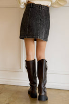 Stitch Detail Button Front Denim Mini Shirt-Charcoal