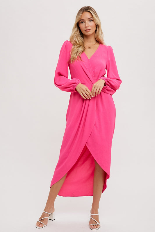 Wrap Style Tulip Hem Midi Dress-Hot Pink