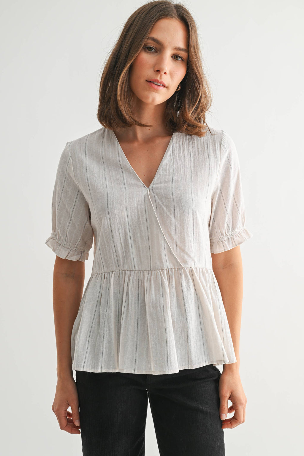 Striped Surplice Peplum Top-Off White Black