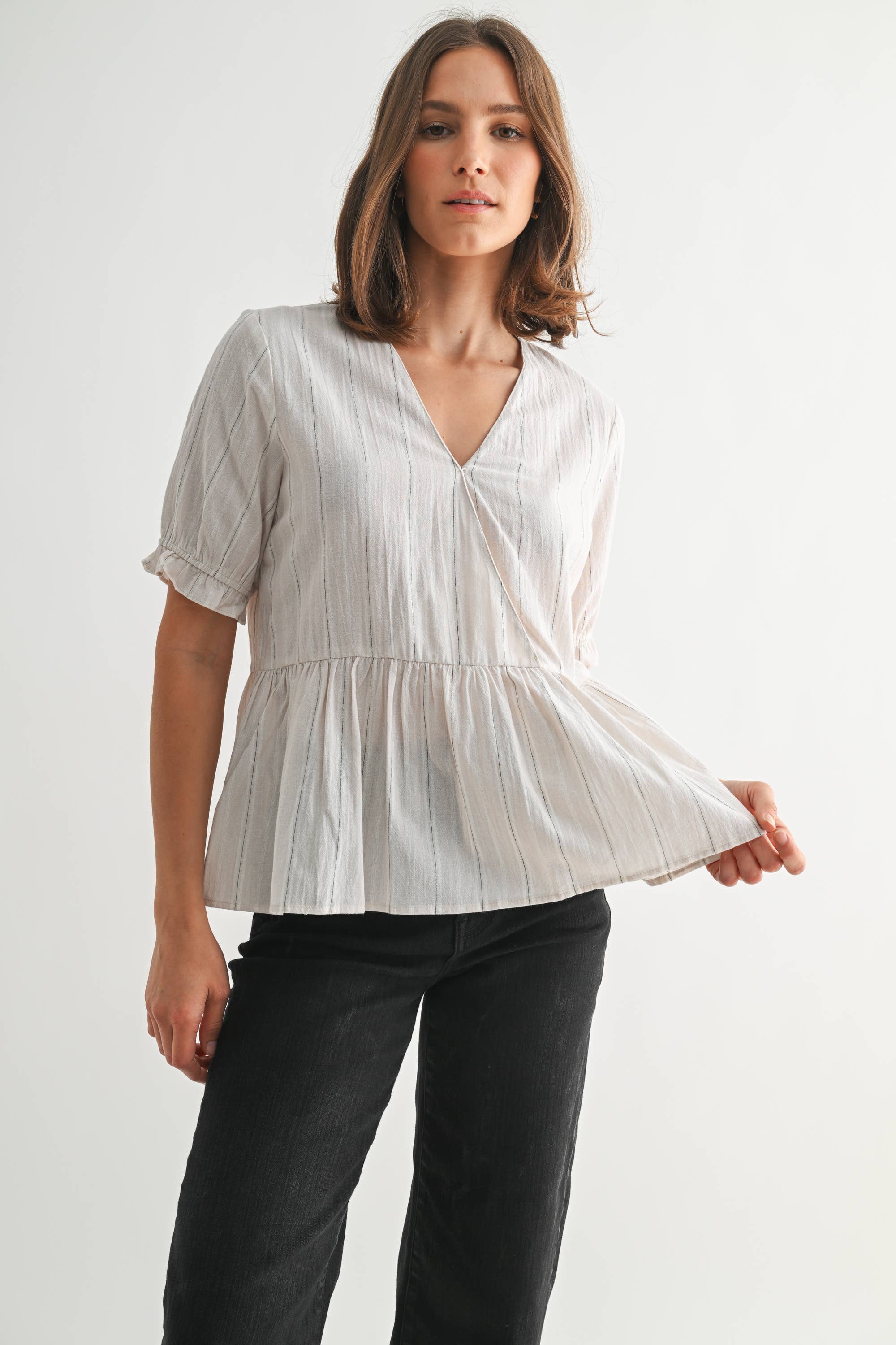 Striped Surplice Peplum Top-Off White Black