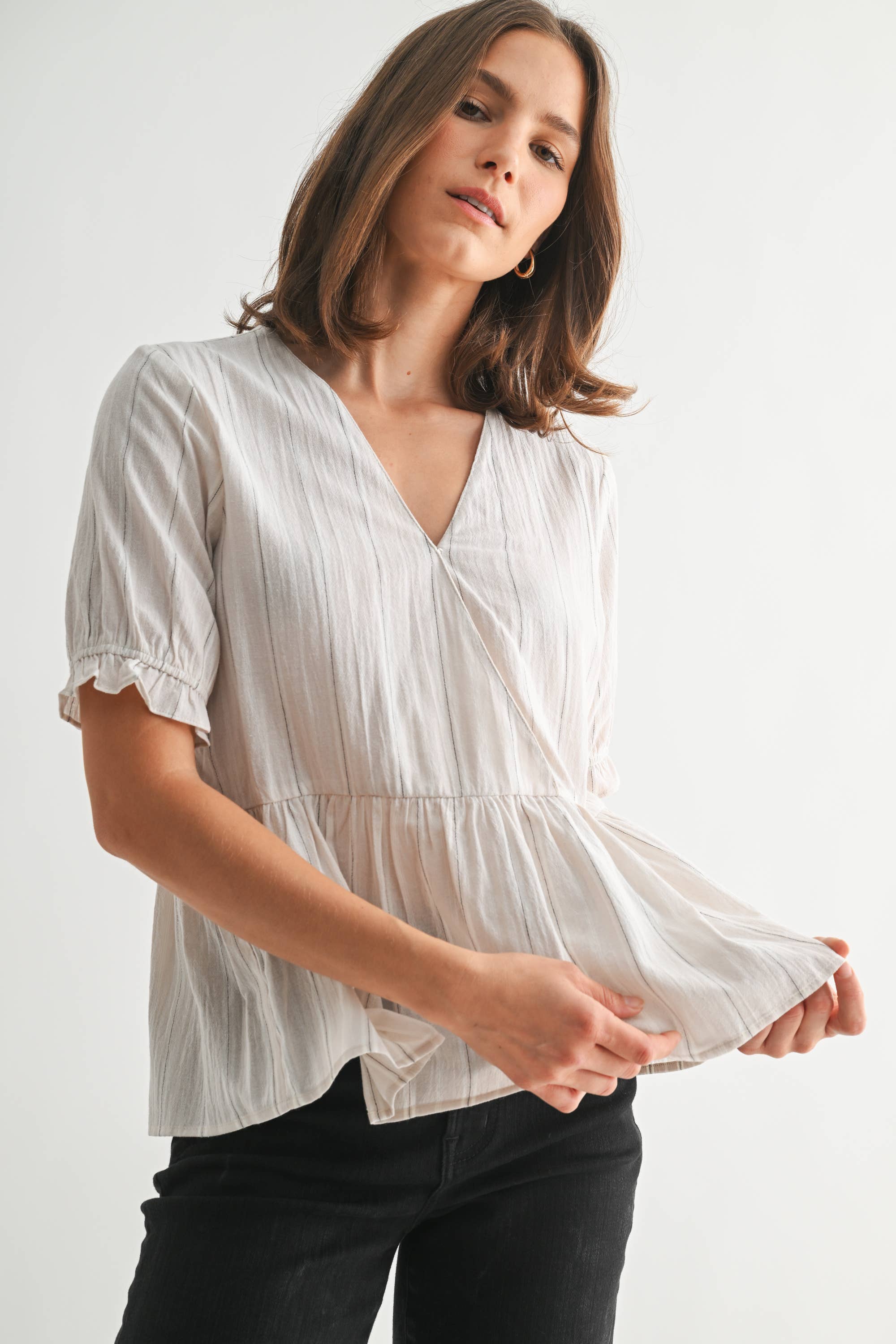 Striped Surplice Peplum Top-Off White Black