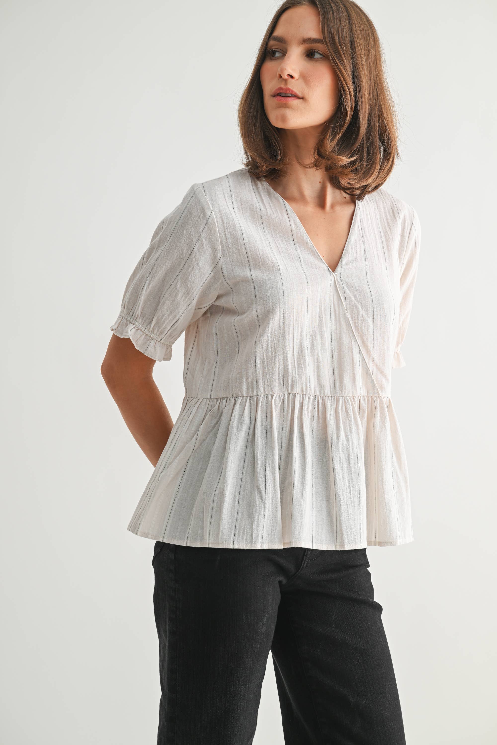 Striped Surplice Peplum Top-Off White Black