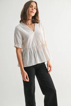 Striped Surplice Peplum Top-Off White Black