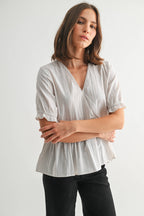 Striped Surplice Peplum Top-Off White Black