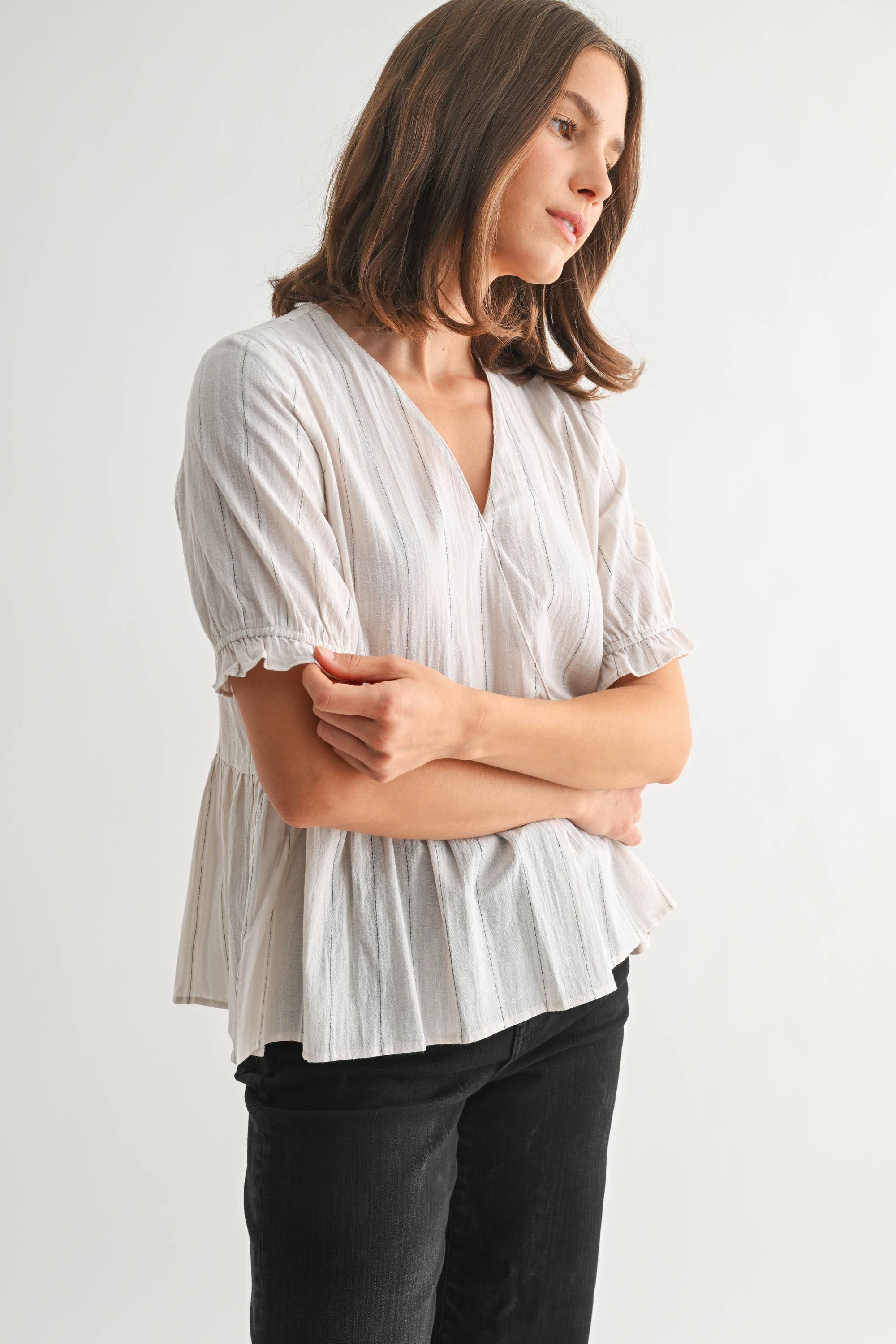 Striped Surplice Peplum Top-Off White Black