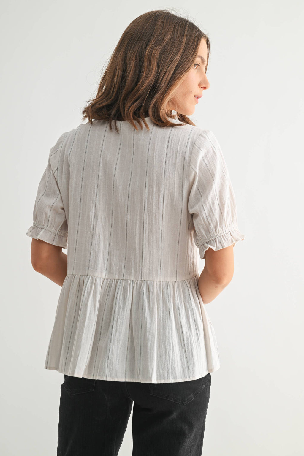 Striped Surplice Peplum Top-Off White Black