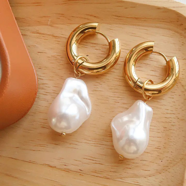 18K Non-Tarnish Statement Large Pearl Earrings-Gold