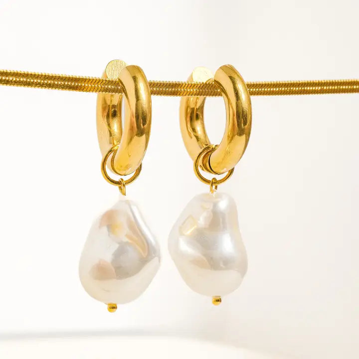 18K Non-Tarnish Statement Large Pearl Earrings-Gold