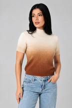 Olive Mock Neck Short Sleeve Ombre Sweater-Cream Brown Knit