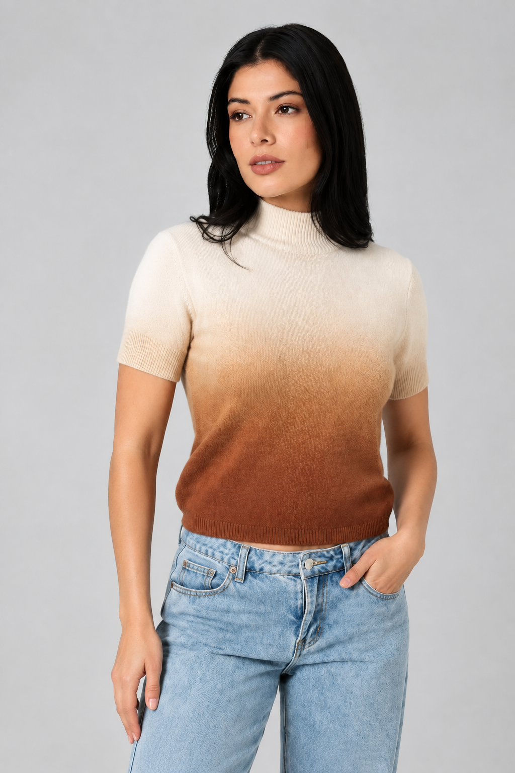 Olive Mock Neck Short Sleeve Ombre Sweater-Cream Brown Knit