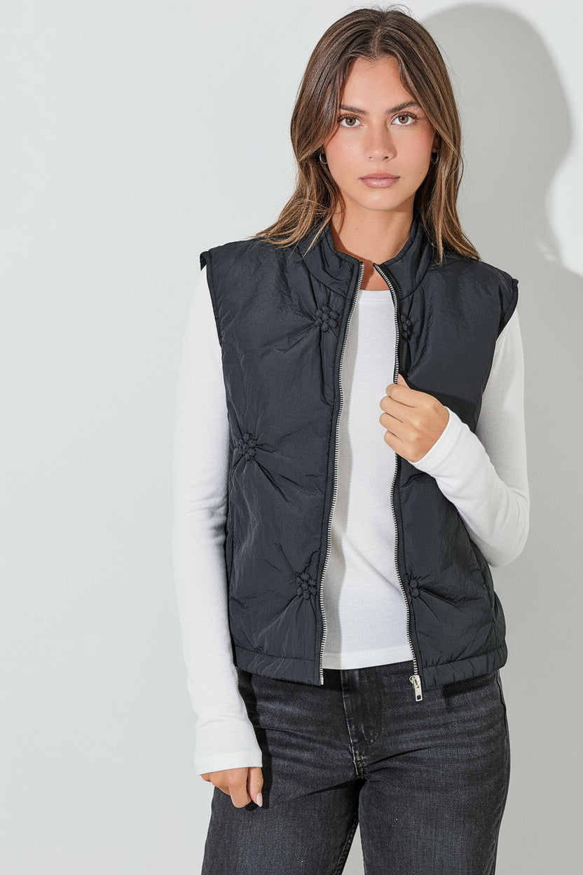 Flower Quilted Puffer Vest-Black