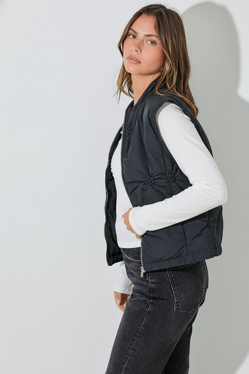 Flower Quilted Puffer Vest-Black