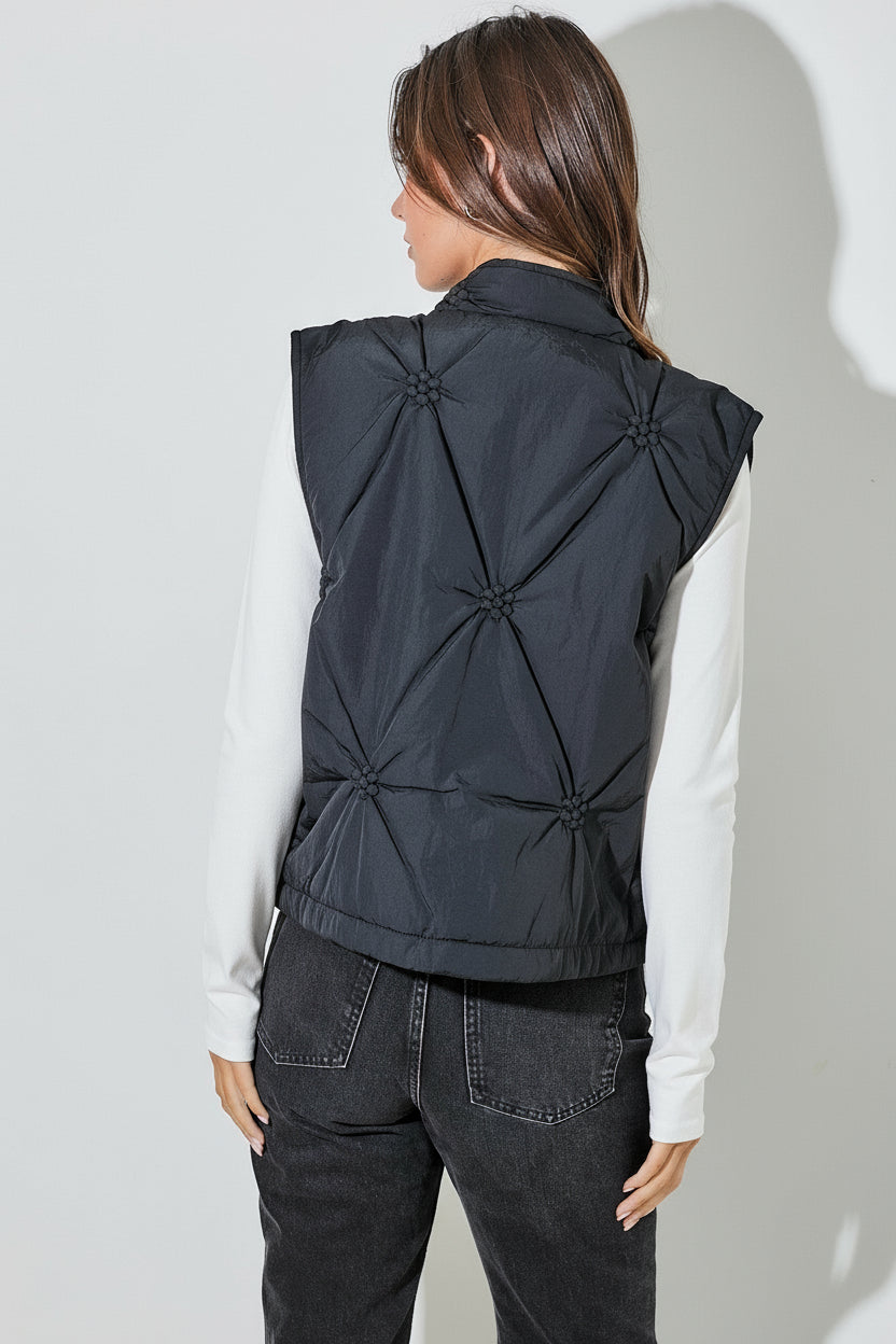 Flower Quilted Puffer Vest-Black