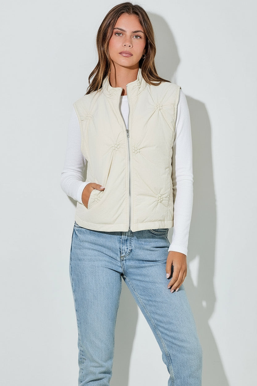 Flower Quilted Puffer Vest-Cream