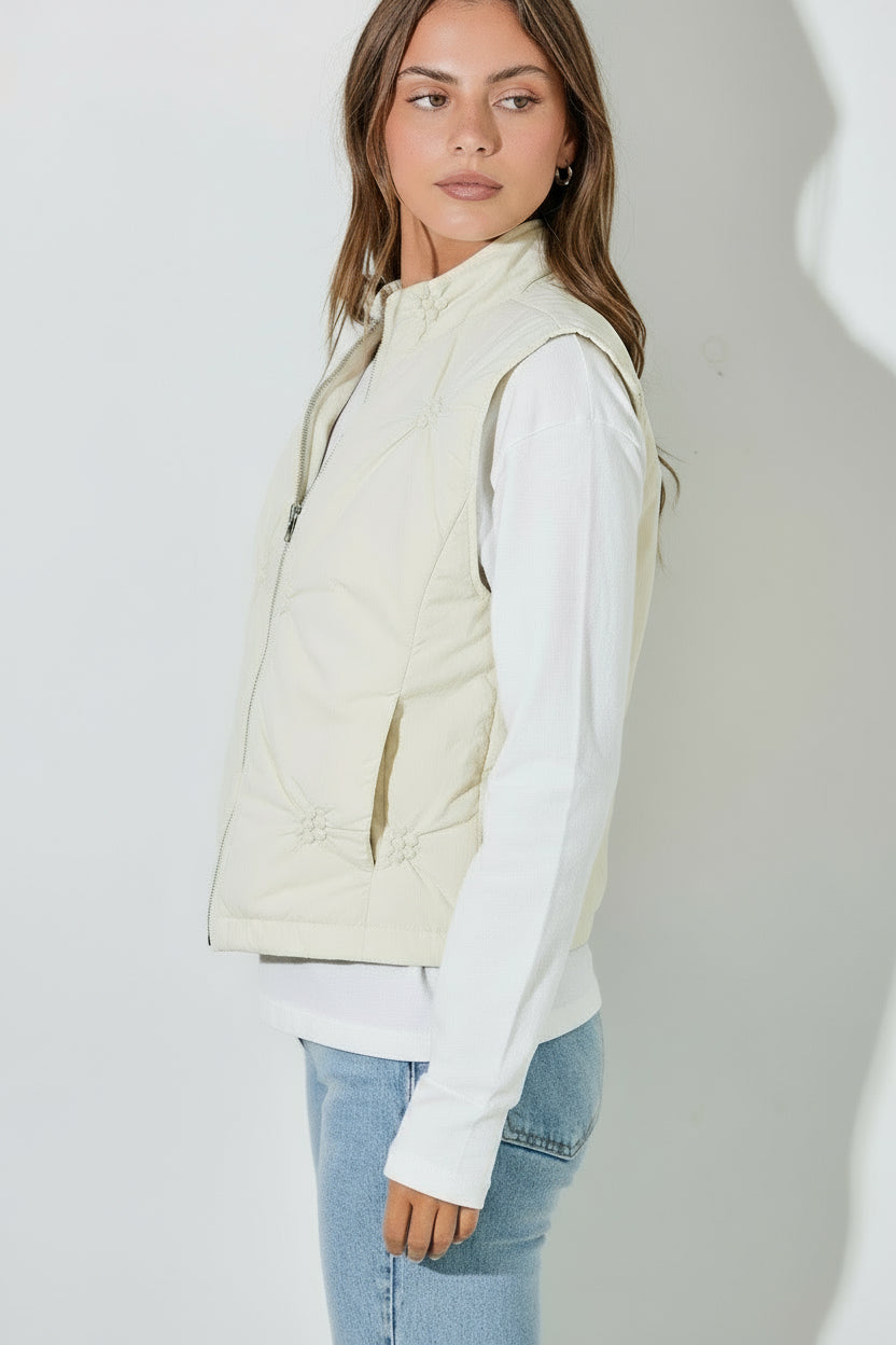 Flower Quilted Puffer Vest-Cream