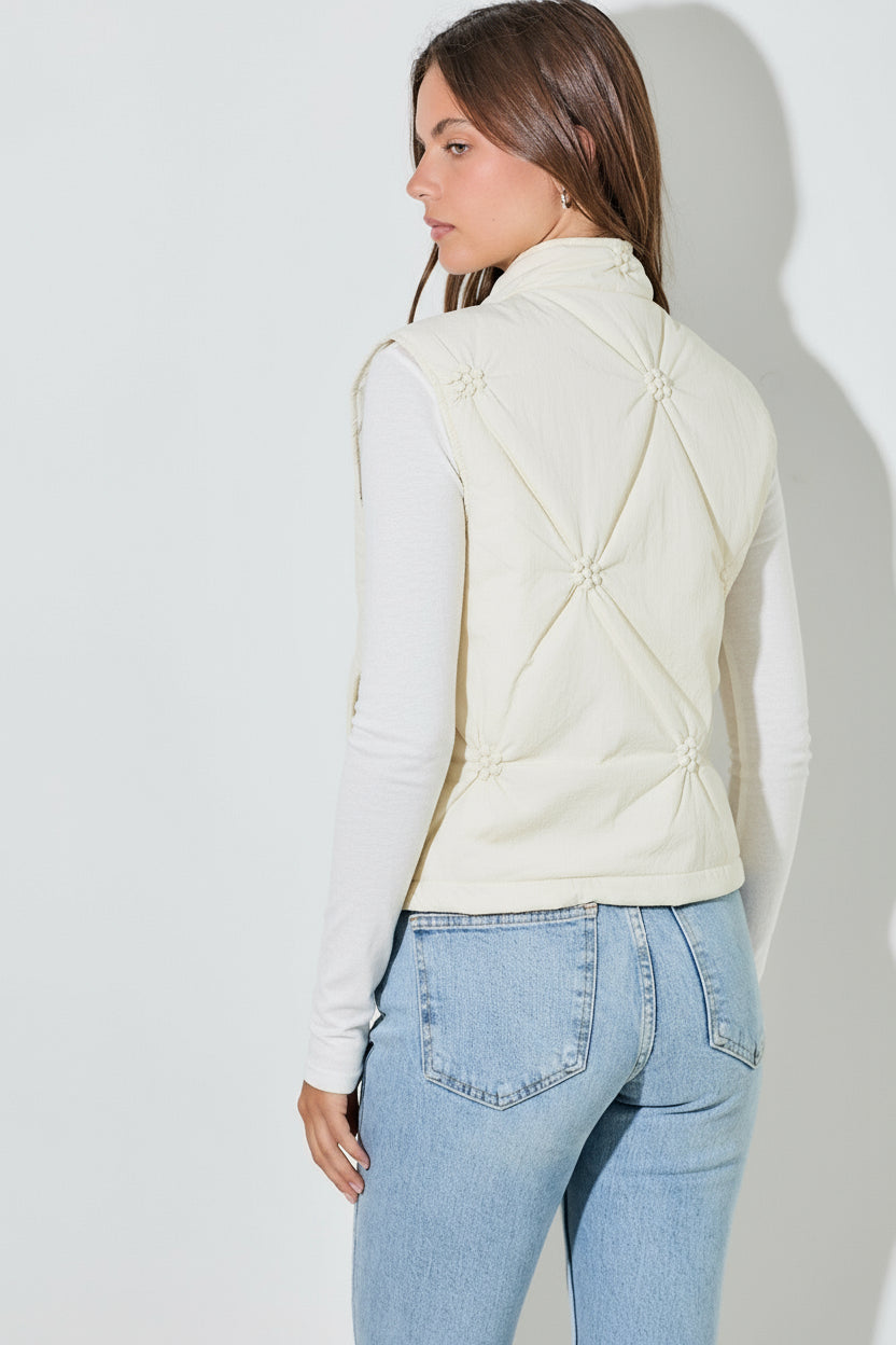 Flower Quilted Puffer Vest-Cream