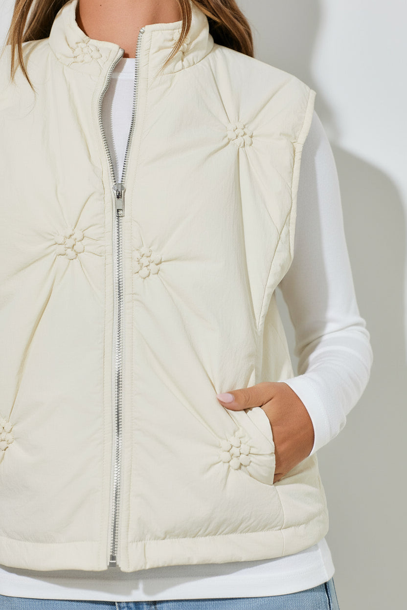 Flower Quilted Puffer Vest-Cream