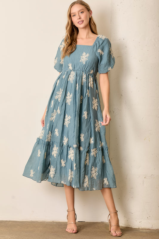 Neve Embroidered Bubble Sleeve Maxi Dress-Dusty Blue