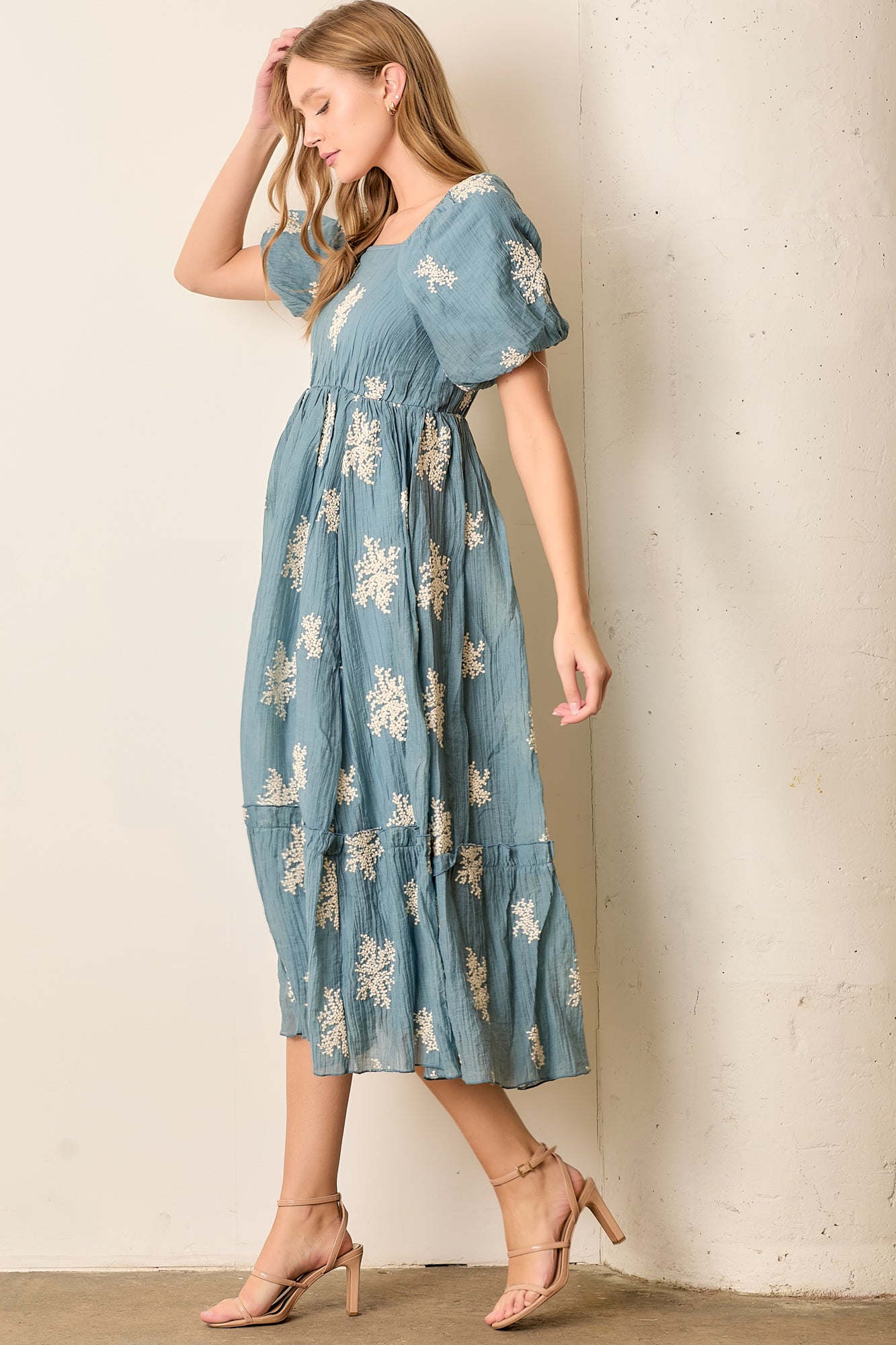 Neve Embroidered Bubble Sleeve Maxi Dress-Dusty Blue