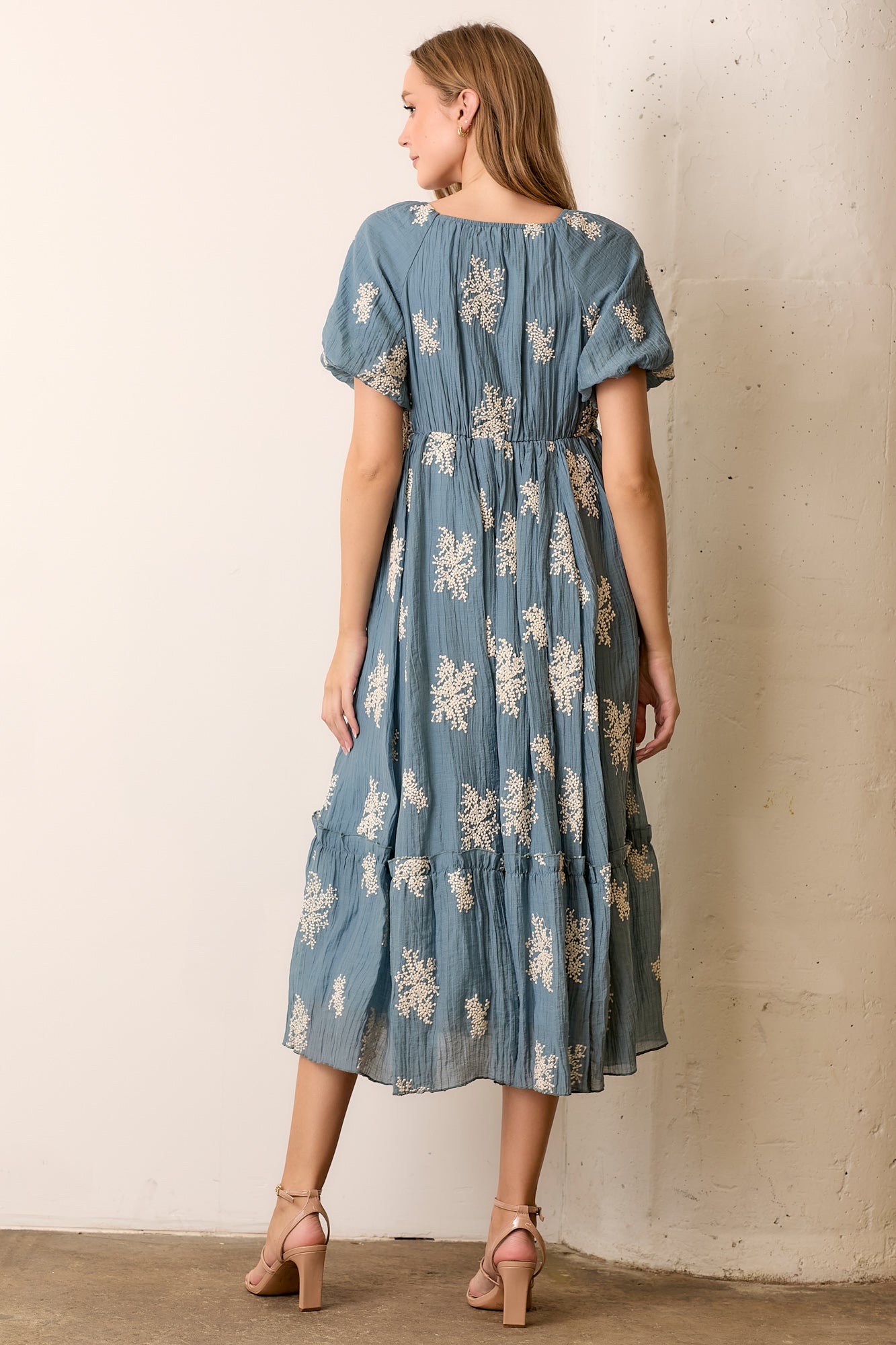 Neve Embroidered Bubble Sleeve Maxi Dress-Dusty Blue