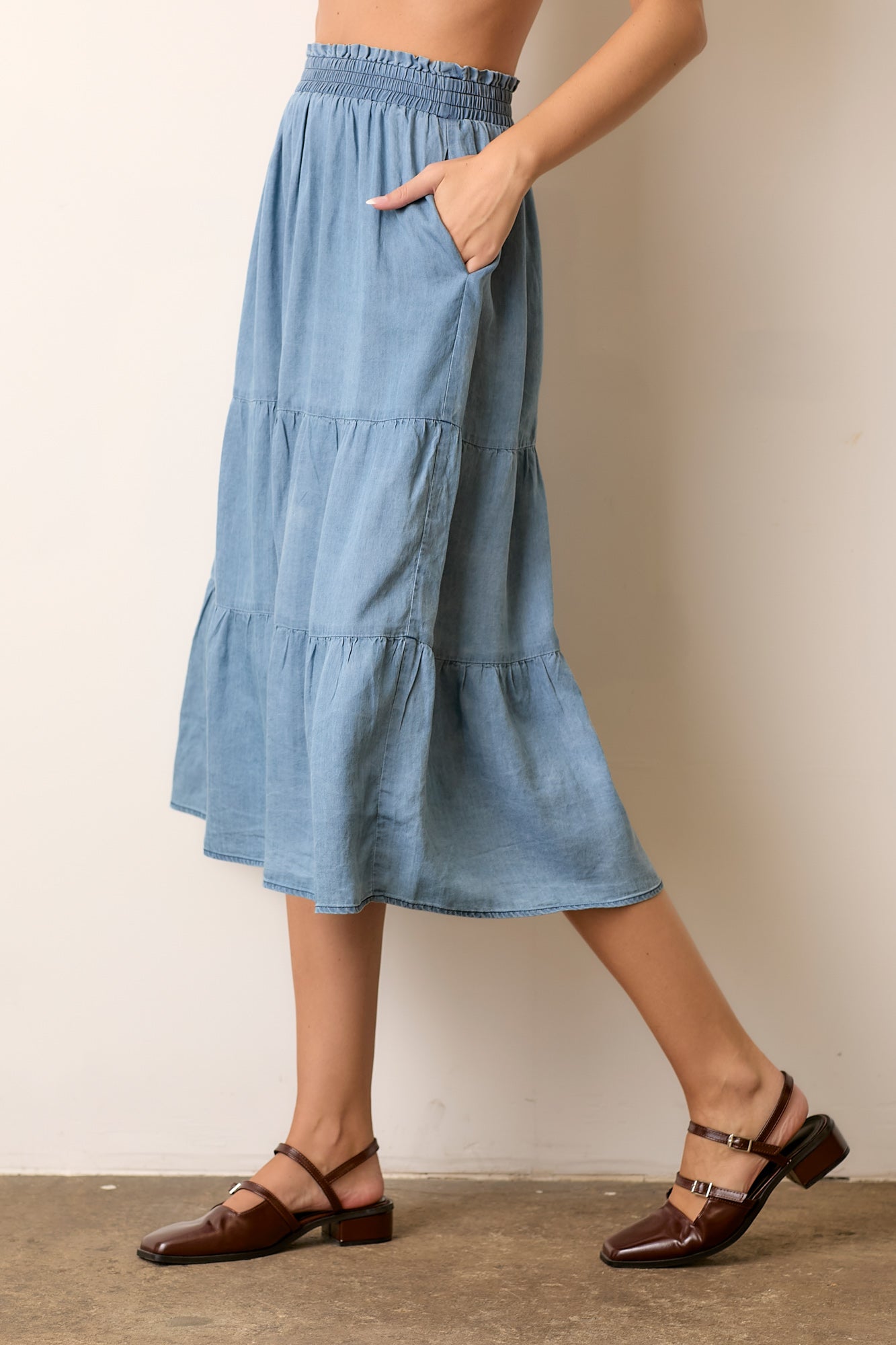 Tiered Midi Skirt-Denim Blue