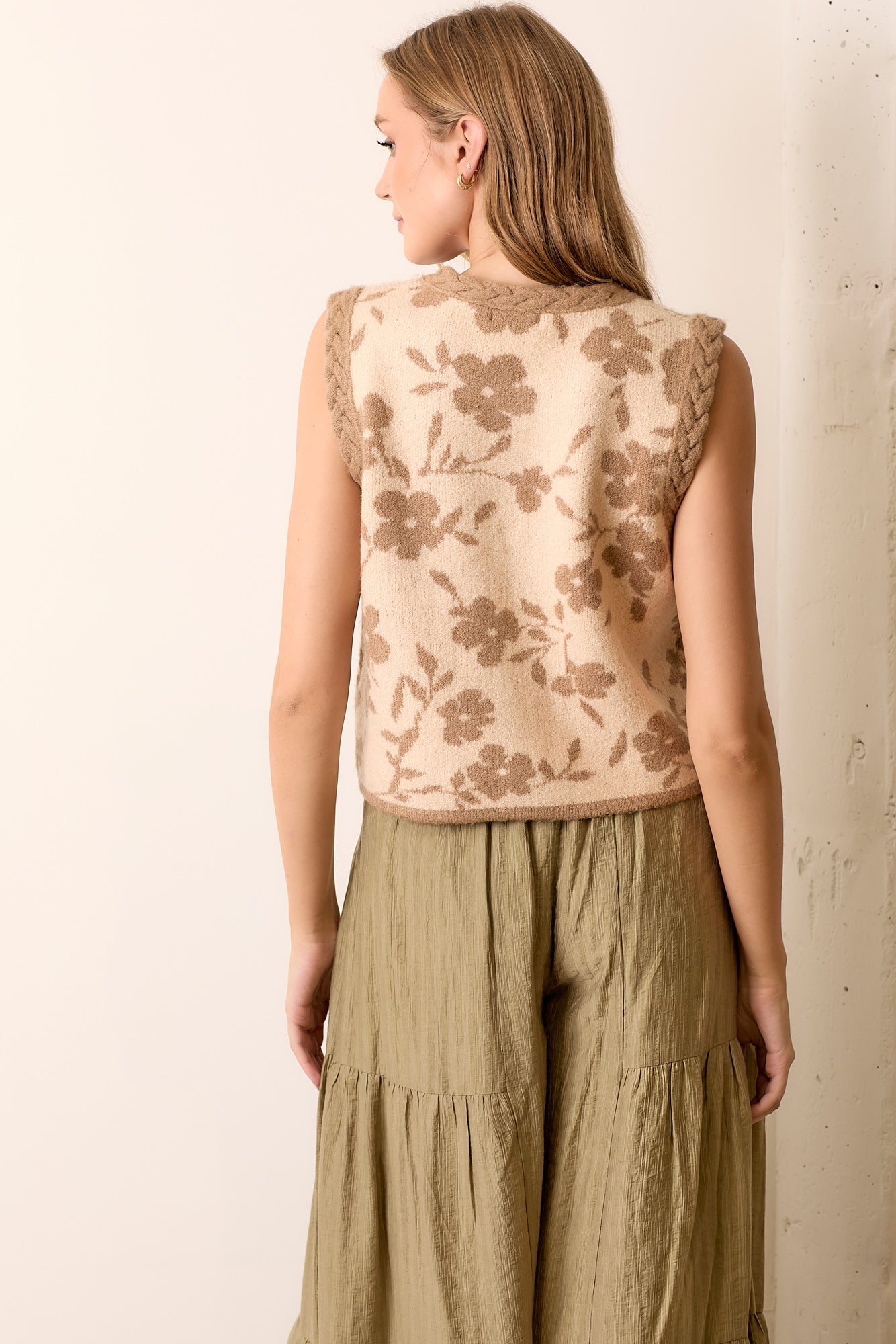 Gemma Floral Sweater Vest with Braid Detail-Natural Taupe