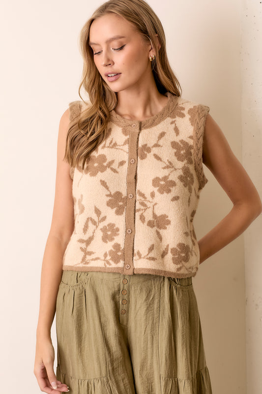 Gemma Floral Sweater Vest with Braid Detail-Natural Taupe