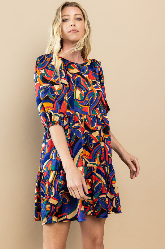 Abstract Print Mini Dress-Multi Color