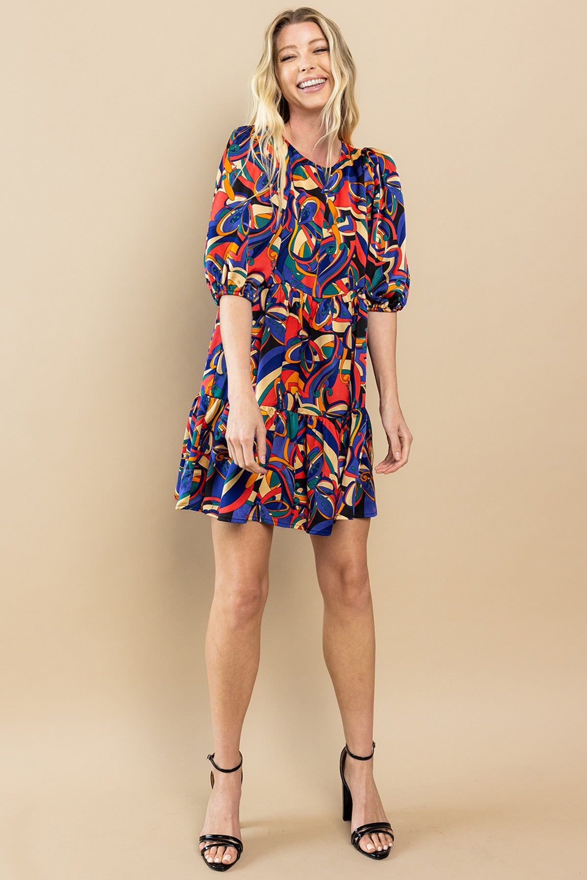 Abstract Print Mini Dress-Multi Color