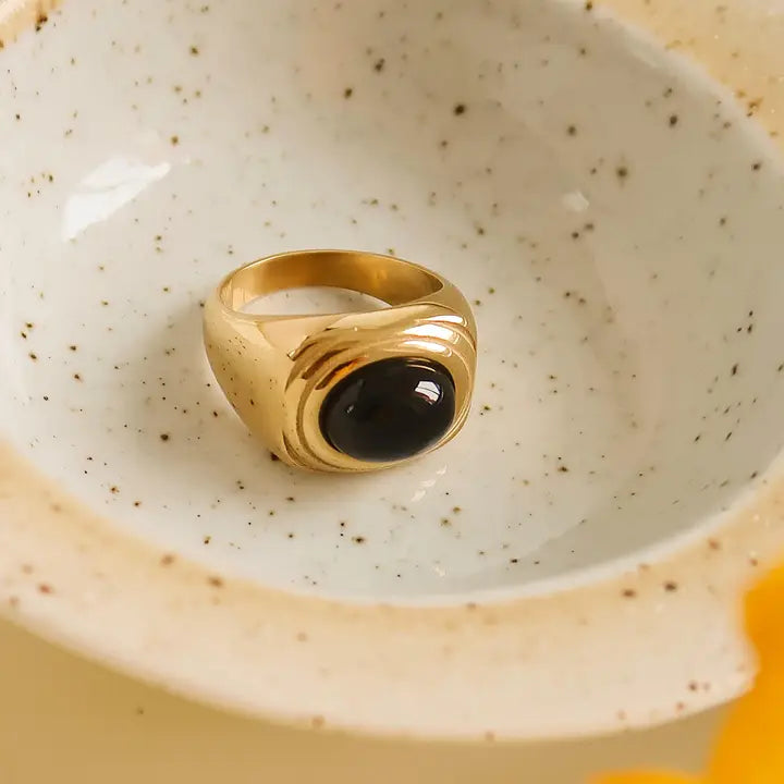 18K Non-Tarnish Natural Stone Ring-Black Agate