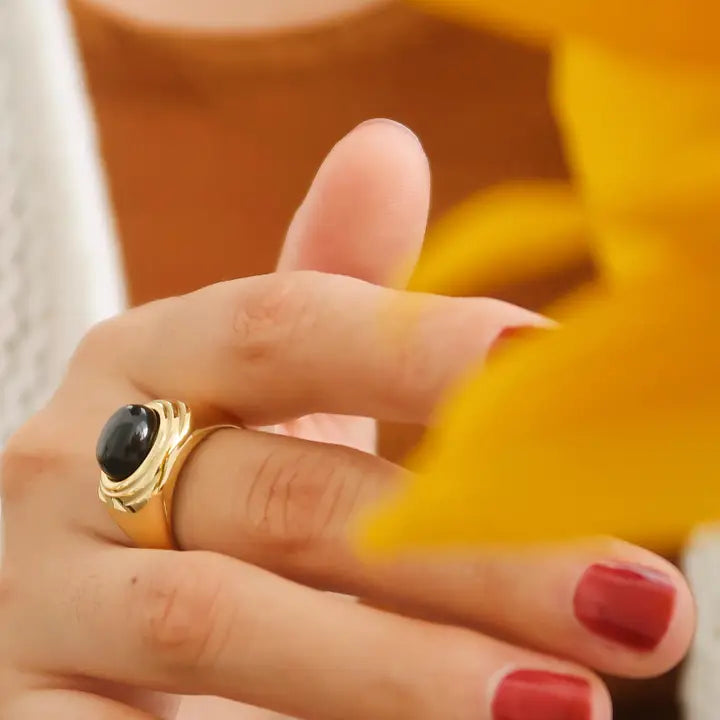 18K Non-Tarnish Natural Stone Ring-Black Agate