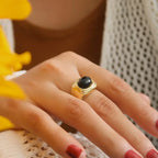 18K Non-Tarnish Natural Stone Ring-Black Agate