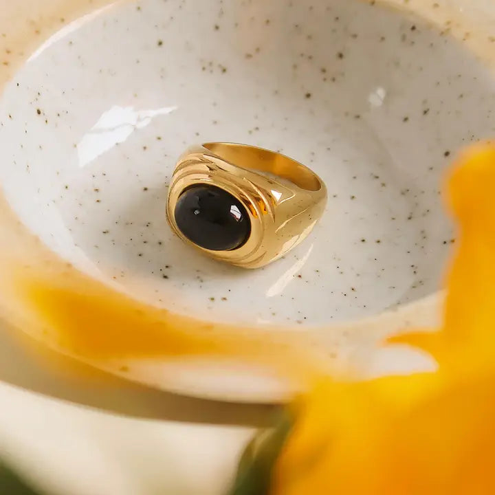 18K Non-Tarnish Natural Stone Ring-Black Agate