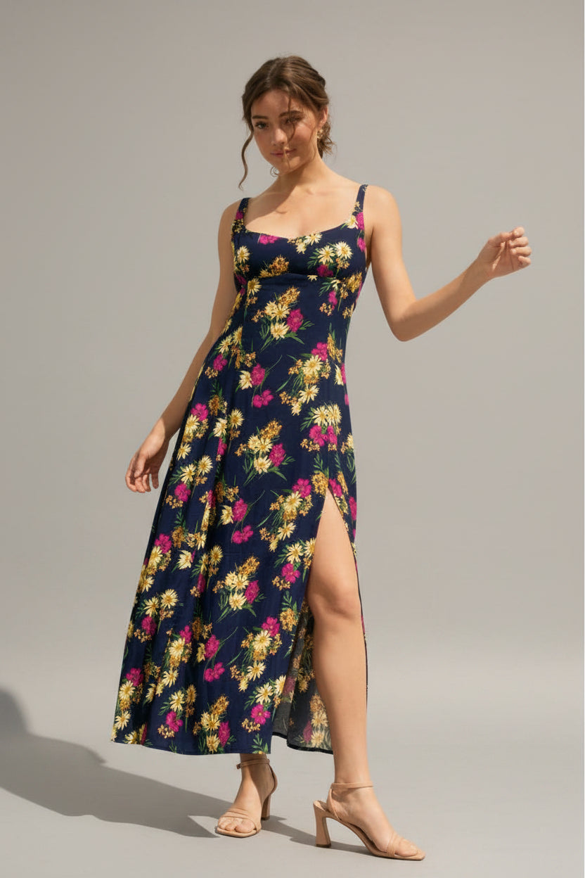 floral dress flowy Floral Smocked Back Side Slit Maxi Dress-Navy Multi Flowy | Women's Dresses