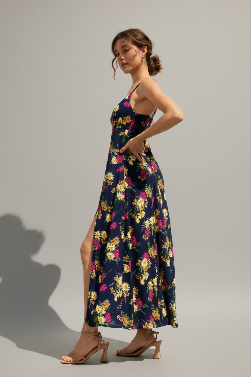 navy floral maxi dress Floral Smocked Back Side Slit Maxi Dress-Navy Multi Flowy | Women's Dresses