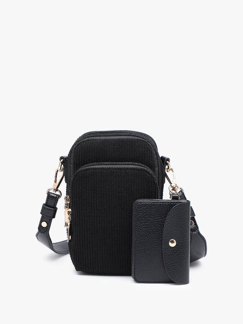 Corduroy three compartment crossbody bag with detachable strap and separate snap coin bag on a white background