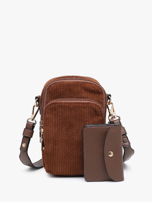 Corduroy three compartment crossbody bag with detachable strap and separate snap coin bag on a white background