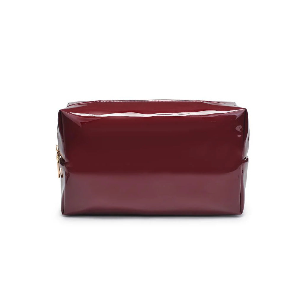 Wine vegan leather cosmetic bag with gold hardware on white background