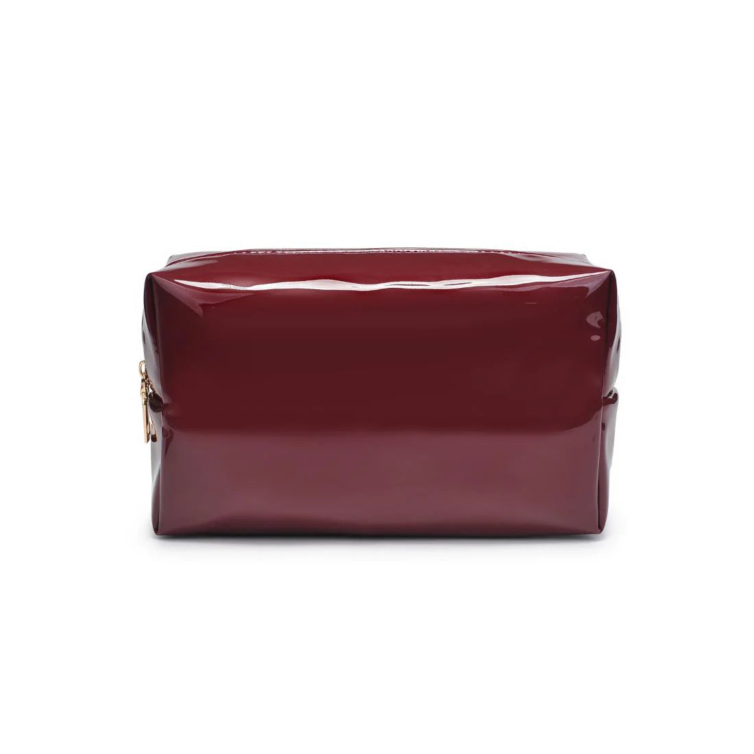 Wine vegan leather cosmetic bag with gold hardware on white background