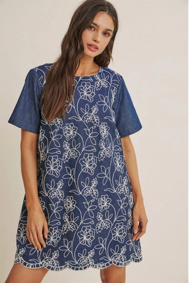 Embroidered A-Line Mini Dress-Denin Chambray | Women's Dresses