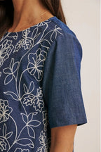 Close up of a woman wearing a short-sleeve blue dress with a white floral embroidered pattern, set against a plain beige studio background.